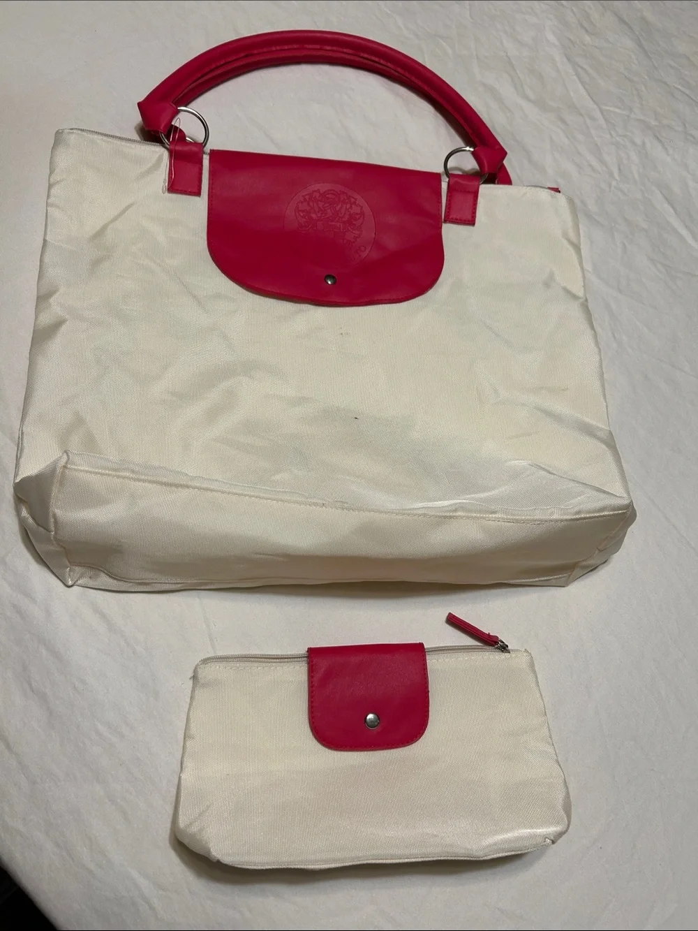 Vince Camuto Cream and Hot Pink Tote with Matching Pouch